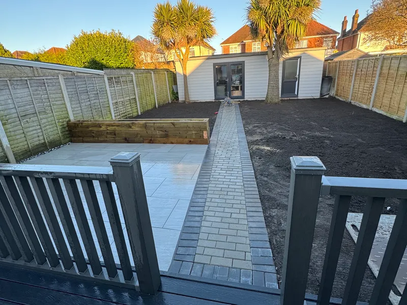 Garden being rebuilt with decking, block path, patio and prepared beds